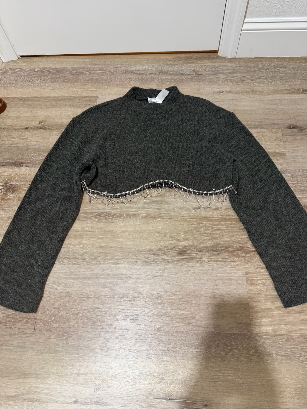 Zara Dark Gray Cropped Turtleneck Sweater with Beaded Fringe